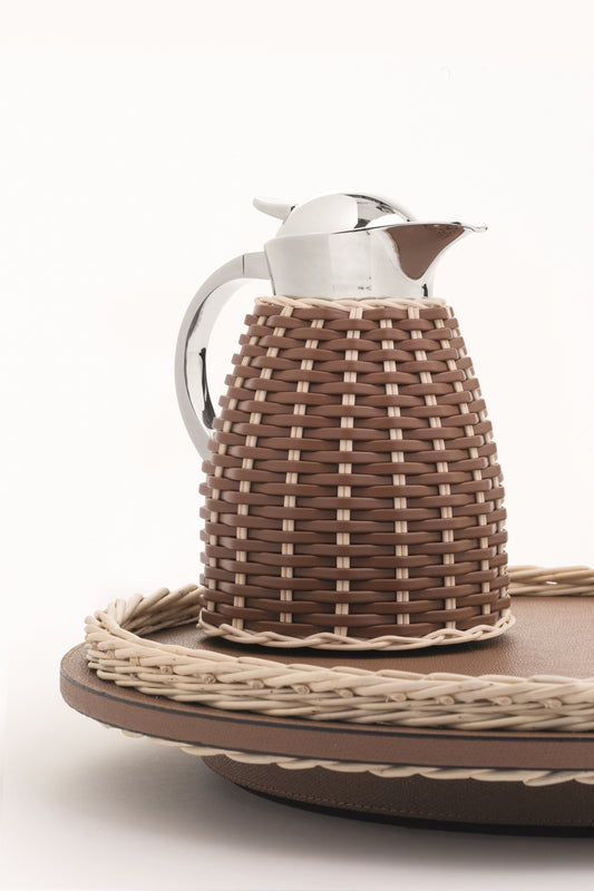 Chantilly Leather & Rattan Carafe by Pigment France | Insulated stainless steel carafe partially covered in woven leather and rattan with chrome-plated finish. Two-chamber stainless steel structure | Tableware and Drinkware | 2Jour Concierge, your luxury lifestyle shop