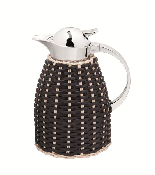 Chantilly Leather & Rattan Carafe by Pigment France | Insulated stainless steel carafe partially covered in woven leather and rattan with chrome-plated finish. Two-chamber stainless steel structure | Tableware and Drinkware | 2Jour Concierge, your luxury lifestyle shop