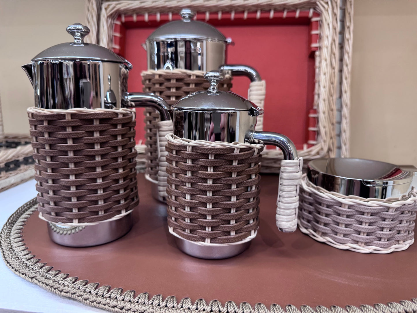 Rennes Leather & Rattan Carafe: Insulated Stainless Steel w Chrome-Plated Finish