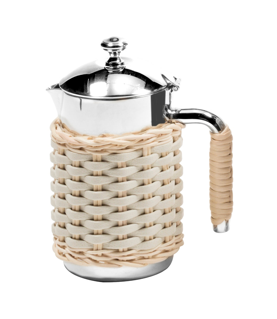 Pigment France Rennes Leather & Rattan Carafe | Insulated stainless steel carafe with chrome-plated finish, partially covered in woven leather and rattan | Two-chamber structure maintains liquid temperature | Elegant and functional design | Home Decor and Serveware | 2Jour Concierge, your luxury lifestyle shop
