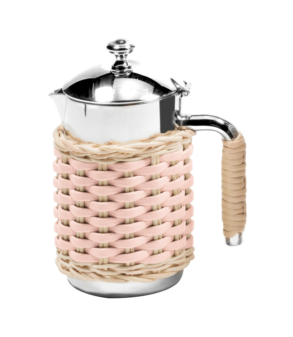 Pigment France Rennes Leather & Rattan Carafe | Insulated stainless steel carafe with chrome-plated finish, partially covered in woven leather and rattan | Two-chamber structure maintains liquid temperature | Elegant and functional design | Home Decor and Serveware | 2Jour Concierge, your luxury lifestyle shop