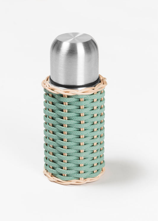 Pigment France Montaigne Leather & Rattan Thermos | Vacuum flask with a stainless steel double-walled body, partially covered in woven leather and rattan | Features a wide opening, quick-stop system for easy pouring, and a removable drinking mug | Ideal for travel and outdoor use | Barware and Serveware | 2Jour Concierge, your luxury lifestyle shop