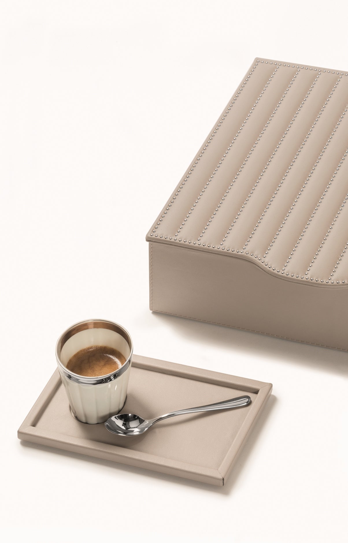 Saint-Germain Small Coffee Organizer for Nespresso Classic Capsules by Pigment France | Leather-covered wood structure with hinged lid | Inner partitions for coffee scoops, sugar, 6 Nespresso classic capsules | Includes 2 double-wall borosilicate glass cups and 2 nesting rectangular saucers | Home and Kitchen Accessories | 2Jour Concierge, your luxury lifestyle shop