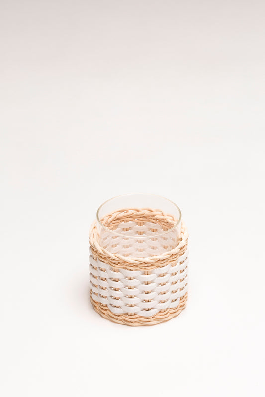 Wideville Leather & Rattan Candle Holder by Pigment France | Transparent borosilicate glass partially dressed in woven leather and rattan | Home Decor and Lighting | 2Jour Concierge, your luxury lifestyle shop