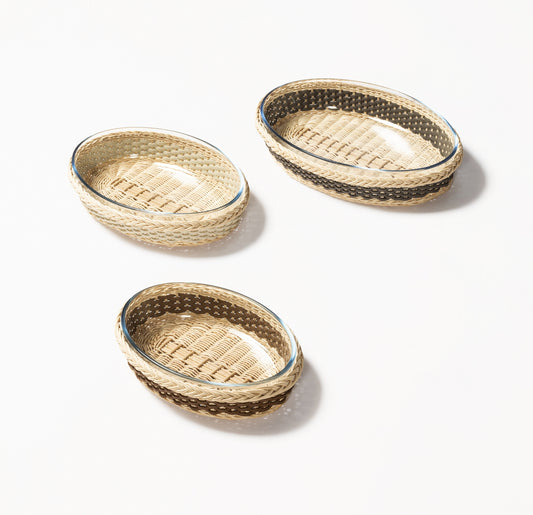 Pigment France Lorraine Leather & Rattan Oval Baking Tray | Glass baking tray partially dressed in woven leather and rattan | Ideal for use in traditional and microwave ovens | Resistant to low temperatures, freezer safe, and dishwasher safe | Perfect for cooking and serving with style | Home Decor and Serveware | 2Jour Concierge, your luxury lifestyle shop