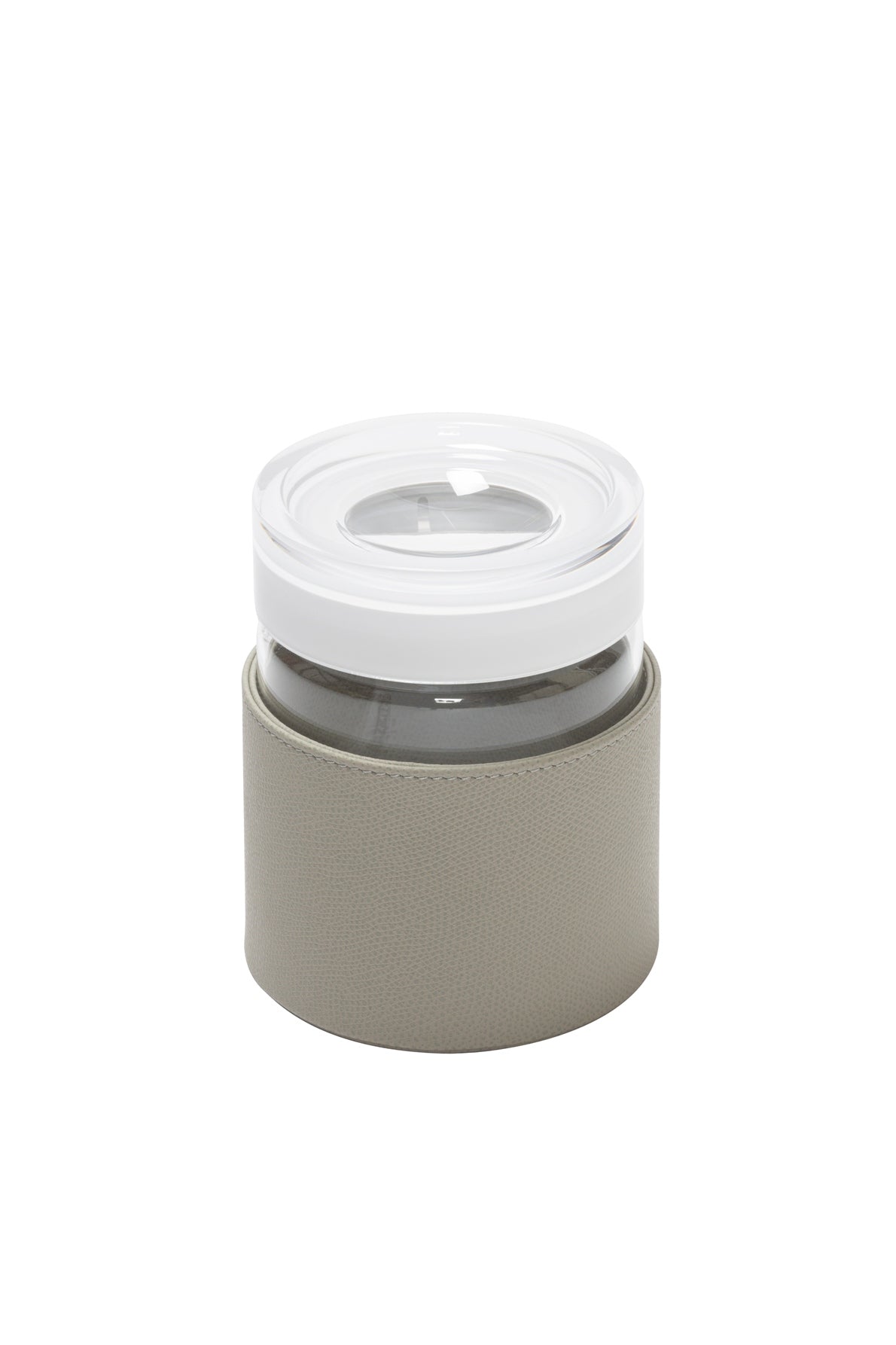 Luftdichtes Einmachglas aus dem Elsass: Korpus aus lederbezogenem Glas mit zweifarbigem Kunststoffdeckel