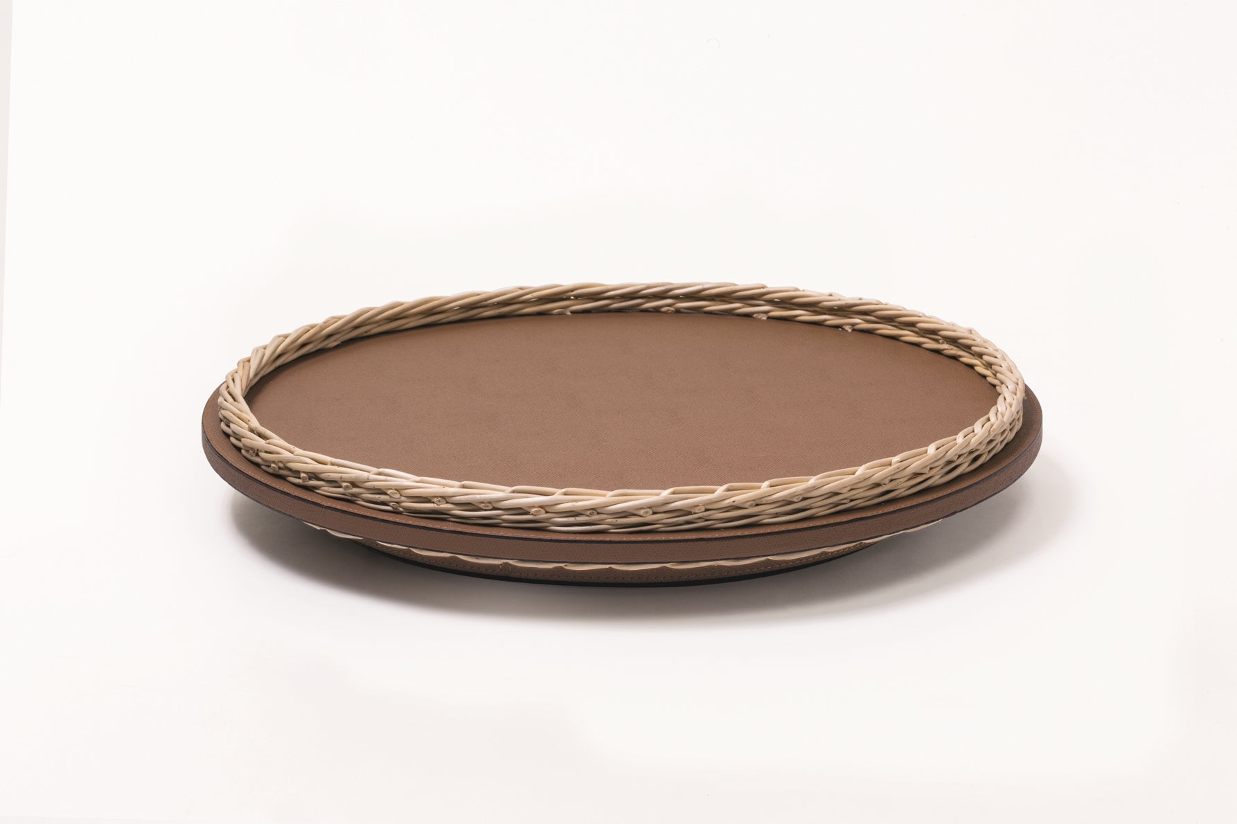 Pigment France Orsay Lazy Susan | Rotating round tray with a leather-covered wood structure and woven willow frame | Stylish and functional design | Home Decor and Serveware | 2Jour Concierge, your luxury lifestyle shop