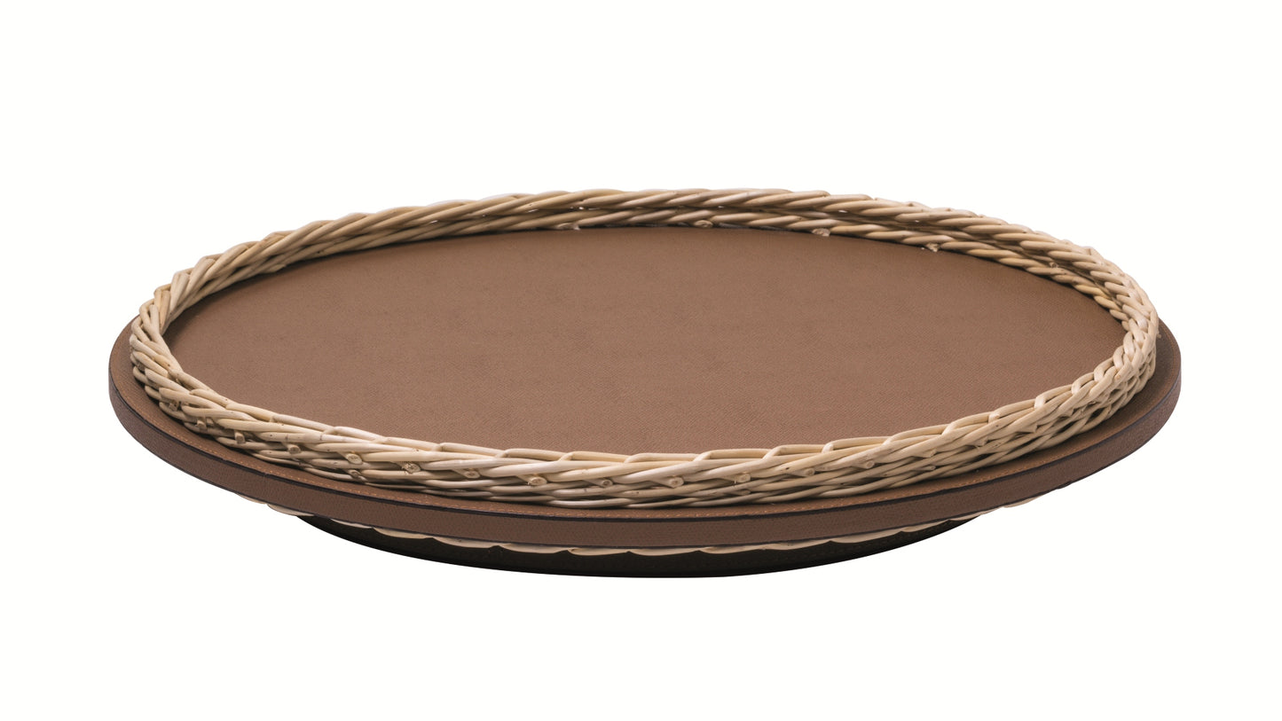 Pigment France Orsay Lazy Susan | Rotating round tray with a leather-covered wood structure and woven willow frame | Stylish and functional design | Home Decor and Serveware | 2Jour Concierge, your luxury lifestyle shop