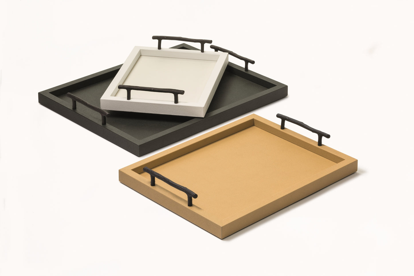 Chaumont Leather-Covered Wood Tray with Bronze Handles Rectangular Small