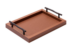 Chaumont Textured Leather-Covered Wood Tray with Bronze Handles Rectangular Small
