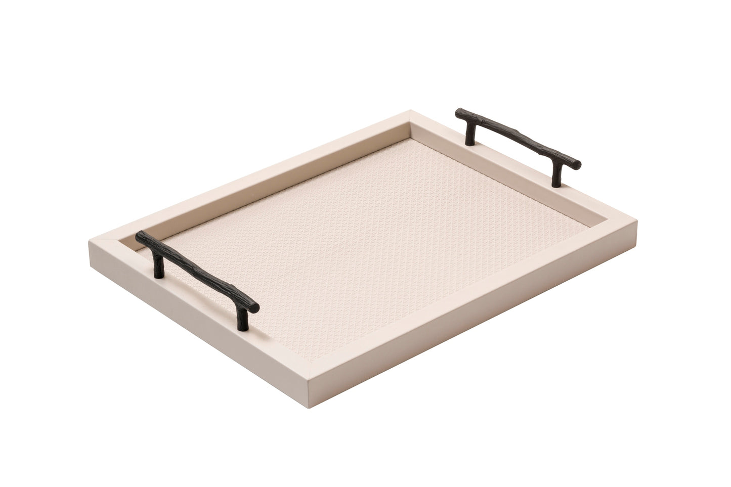 Chaumont Tray by Pigment France | Leather covered wood tray with solid handles in oxidized bronze shaped as a branch. The surface features a Vienna quilt pattern. | Home Decor and Serveware | 2Jour Concierge, your luxury lifestyle shop
