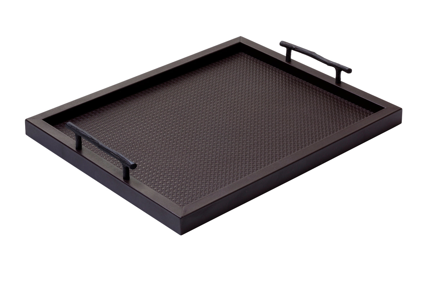 Chaumont Tray by Pigment France | Leather covered wood tray with solid handles in oxidized bronze shaped as a branch. The surface features a Vienna quilt pattern. | Home Decor and Serveware | 2Jour Concierge, your luxury lifestyle shop
