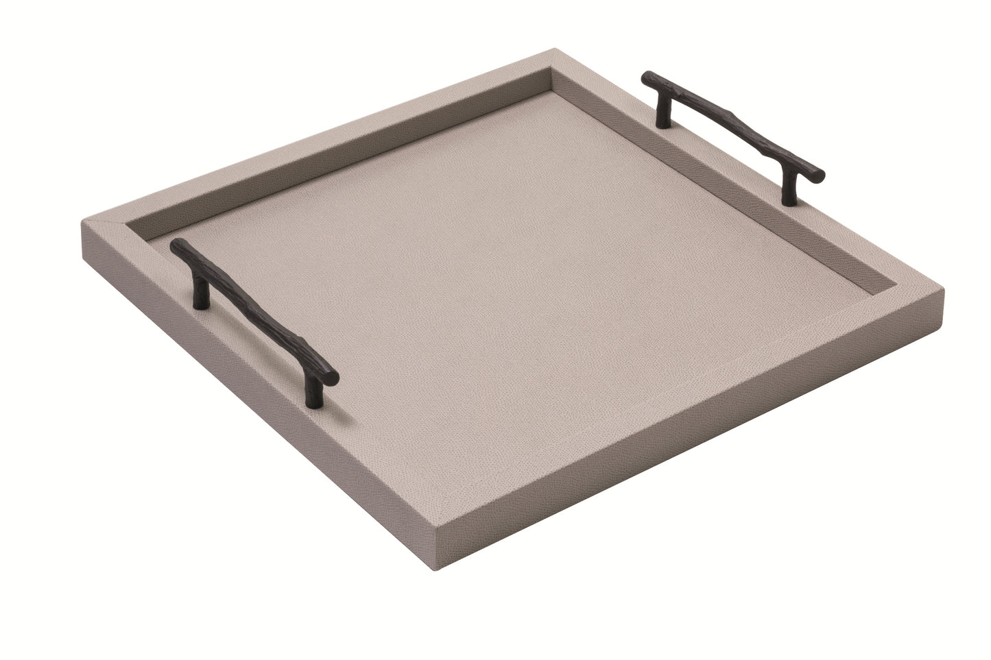 Chaumont Tray by Pigment France | Leather covered wood tray with solid handles in oxidized bronze shaped as a branch. The surface features a Vienna quilt pattern. | Home Decor and Serveware | 2Jour Concierge, your luxury lifestyle shop