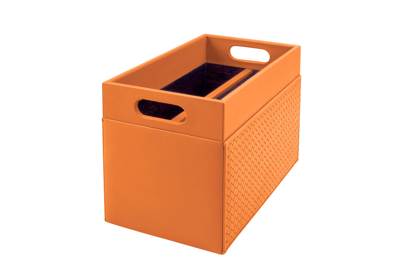 Emy Handwoven Magazine Holder by Riviere | Leather magazine holder with handwoven leather on two sides and lining in varnished wood. It features a central divider. | Home Decor and Organization | 2Jour Concierge, your luxury lifestyle shop