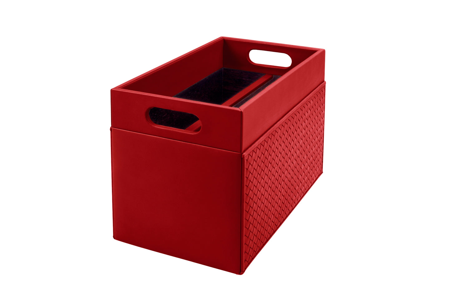 Emy Handwoven Magazine Holder by Riviere | Leather magazine holder with handwoven leather on two sides and lining in varnished wood. It features a central divider. | Home Decor and Organization | 2Jour Concierge, your luxury lifestyle shop