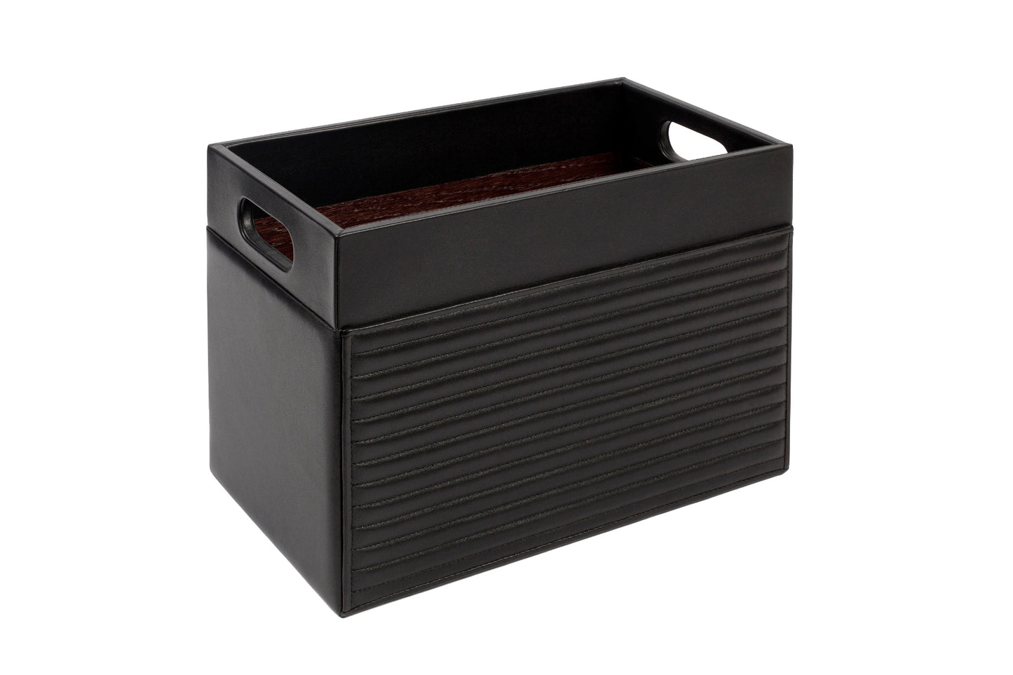 Emy Lines Magazine Holder by Riviere | Leather magazine holder with quilted striped leather on two sides and lining in varnished wood. It features a central divider. | Home Decor and Organization | 2Jour Concierge, your luxury lifestyle shop
