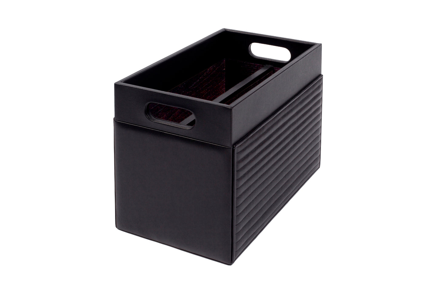 Emy Lines Magazine Holder by Riviere | Leather magazine holder with quilted striped leather on two sides and lining in varnished wood. It features a central divider. | Home Decor and Organization | 2Jour Concierge, your luxury lifestyle shop