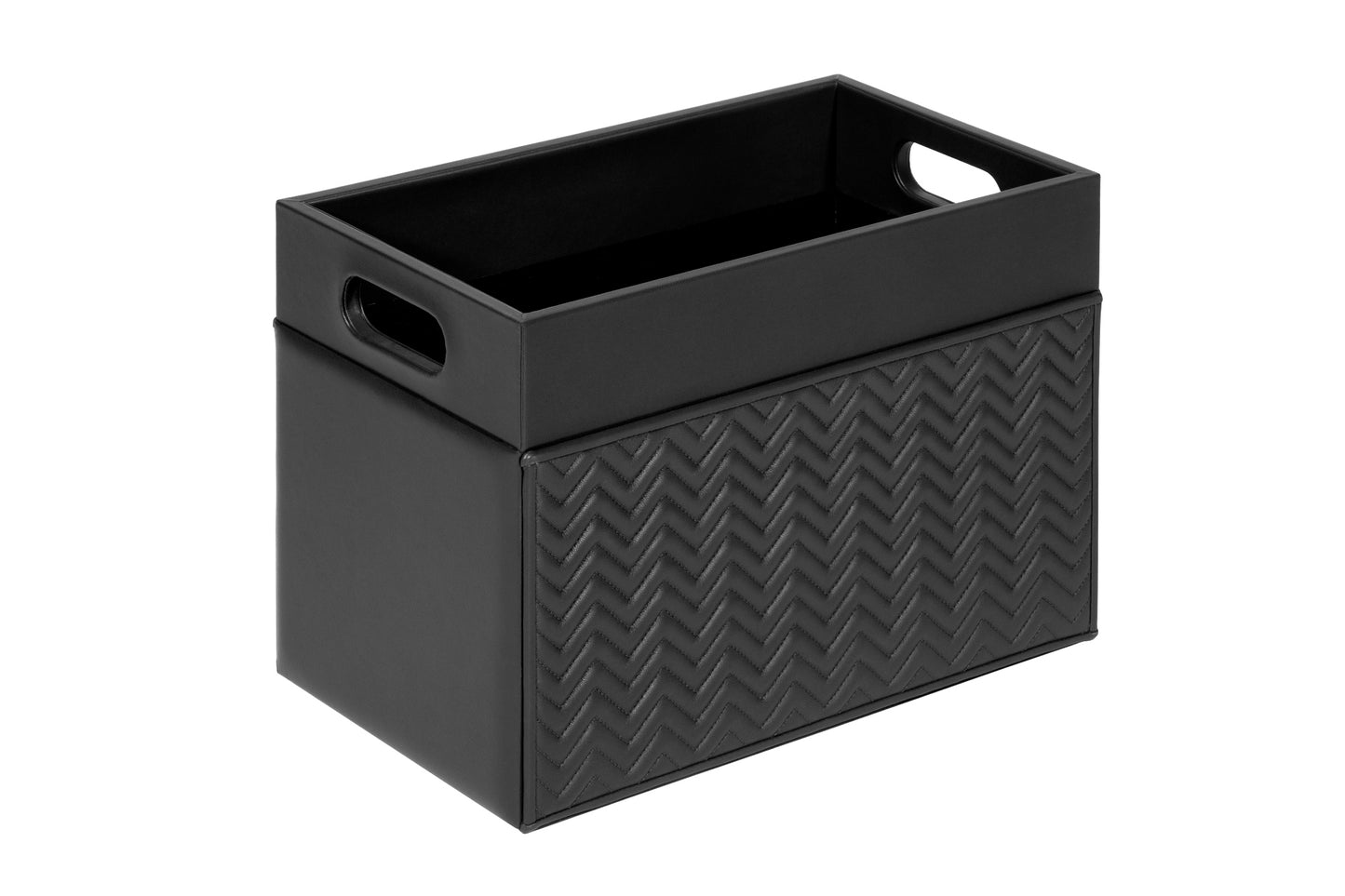Emy Herringbone Magazine Holder by Riviere | Leather magazine holder with quilted herringbone leather on two sides and lining in varnished wood. It features a central divider. | Home Decor and Organization | 2Jour Concierge, your luxury lifestyle shop