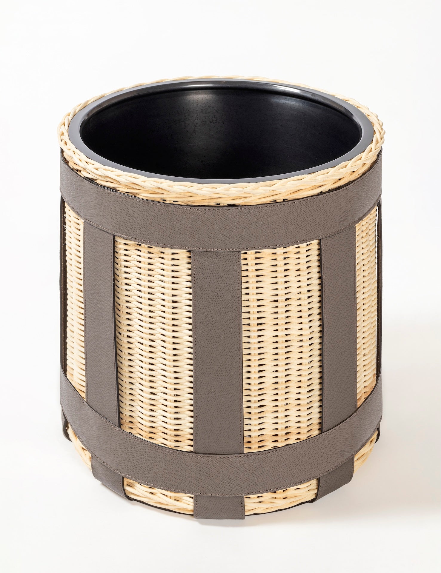 Pigment France × Gio Minelli Sillon Bin | Storage bin in natural rattan with leather trim and polished chrome, bronze or brass finish | Storage / Bins | 2Jour Concierge, your luxury lifestyle shop | luxury interiors, hospitality décor, designer home accessories, boutique hotels, refined lifestyle, yacht décor, office décor, executive interiors