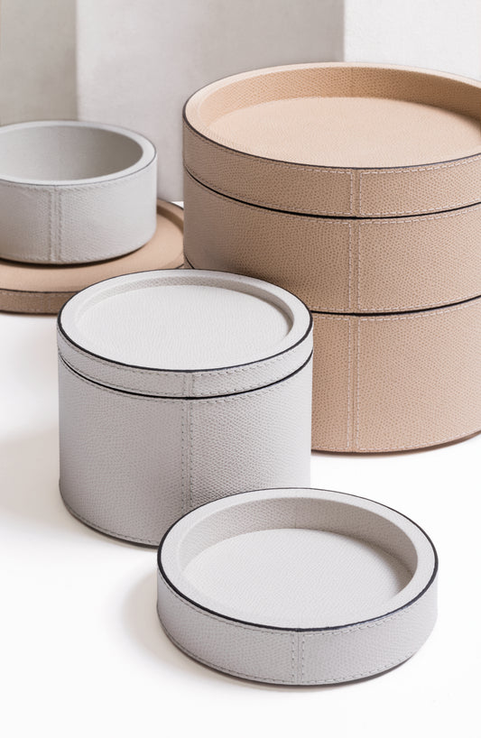 Giobagnara | Polo Stackable Valet Tray: Leather-covered wood stackable tray in round, square, and rectangular shapes with multiple sizes | Decor / Valet Trays | 2Jour Concierge, your luxury lifestyle shop | premium valet trays for expensive interiors, luxury decorative storage, office desks, bedside tables, and coordinated wardrobe systems