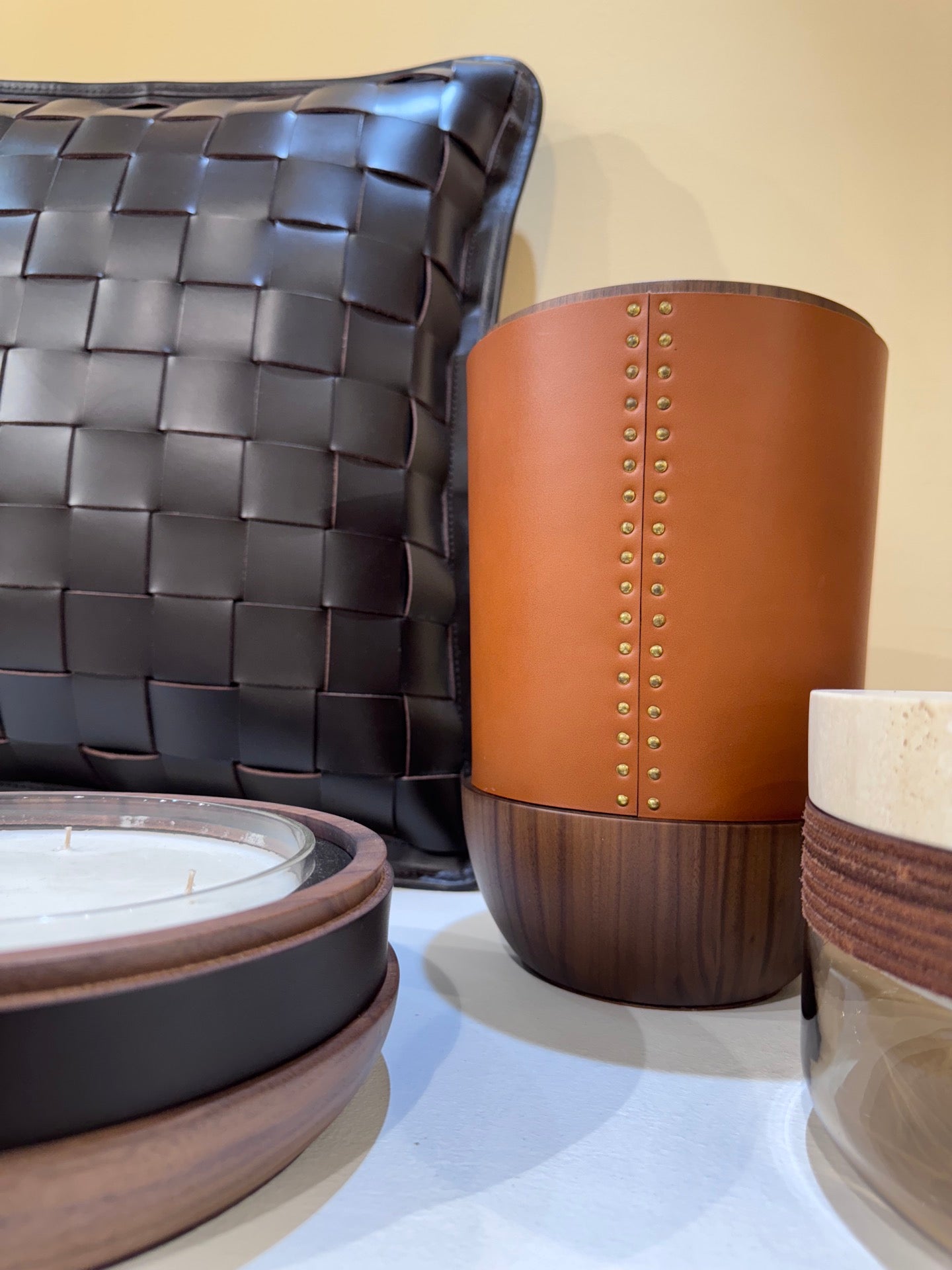 Toiles de Noyer Walnut and Leather Candle Holder