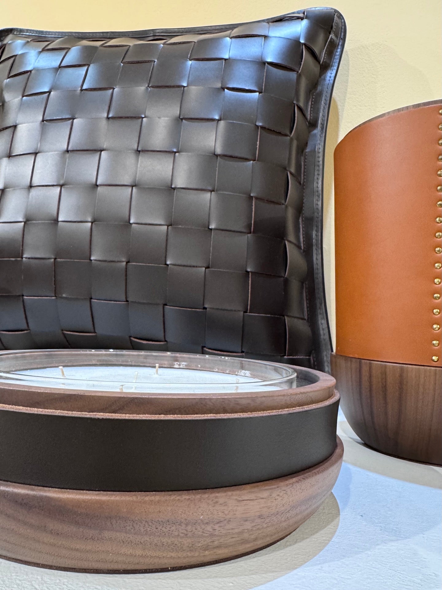 Toiles de Noyer Walnut and Leather Candle Holder