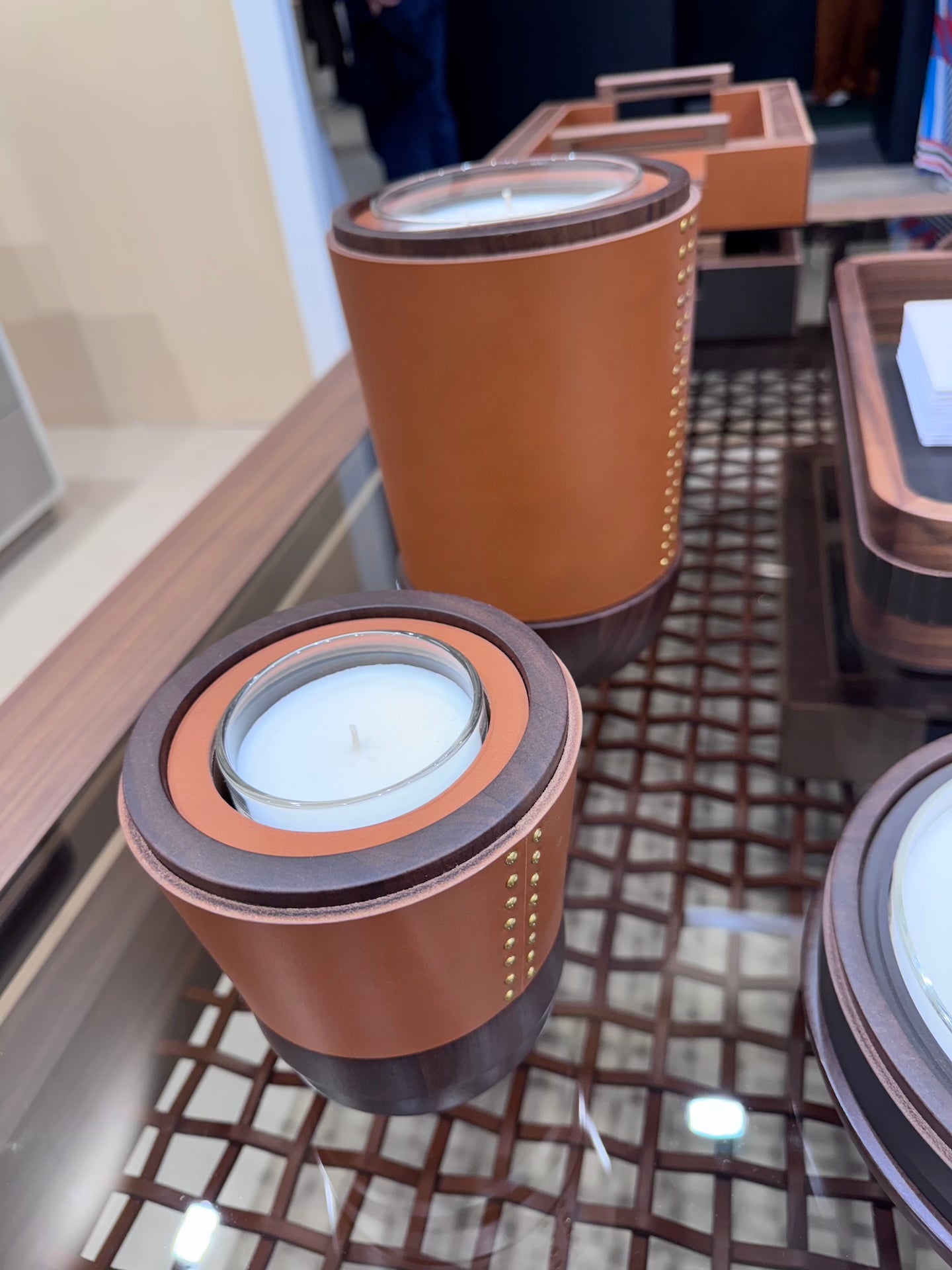 Toiles de Noyer Walnut and Leather Candle Holder