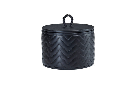 Riviere Jana | Round Box: Quilted leather box with lid, available in handwoven, diamond, or herringbone patterns, offered in multiple sizes for elegant storage and display | Decor / Trinket Boxes | 2Jour Concierge, your luxury lifestyle shop | luxury interiors, hospitality décor, elegant living, designer home accessories, boutique hotels, refined lifestyle, yacht décor, executive interiors