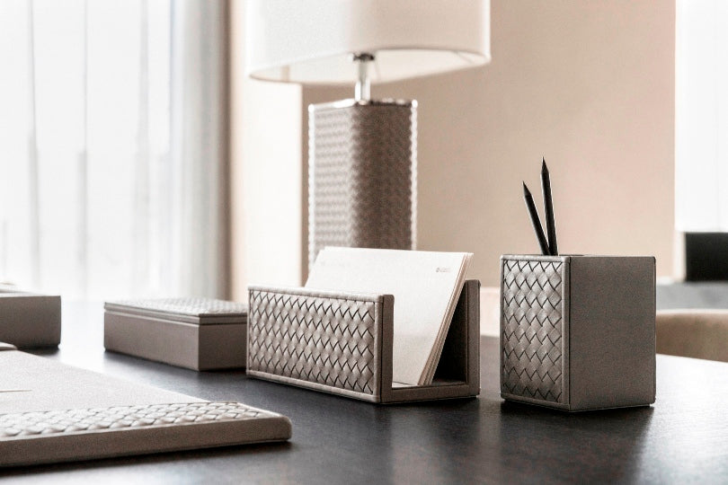 Riviere Celio Handwoven Leather Pen Cup | Handcrafted Leather Design | Adds Elegance to Your Desk Setup | Elevate Your Workspace with Luxury Accessories from Riviere | Available at 2Jour Concierge, #1 luxury high-end gift & lifestyle shop