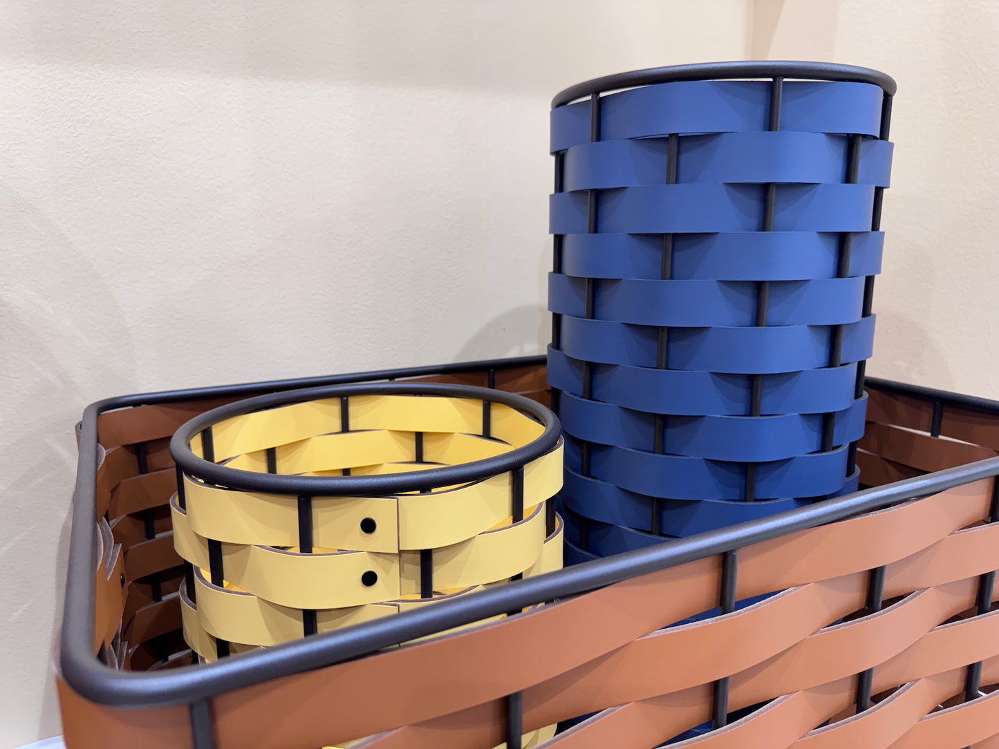Nassa Storage Basket: Dark-Stained Aluminum Framework, Regenerated Leather Weaving, Rectangular