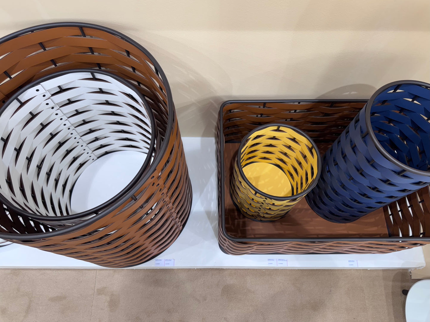 Nassa Storage Basket: Dark-Stained Aluminum Framework, Regenerated Leather Weaving, Round