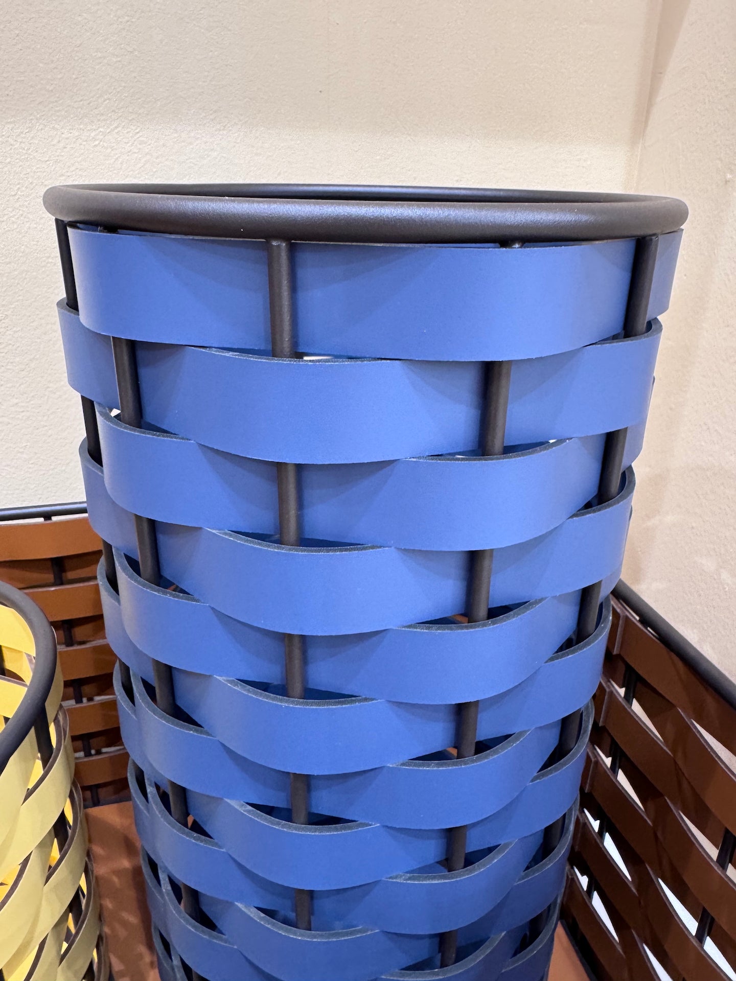 Nassa Storage Basket: Dark-Stained Aluminum Framework, Regenerated Leather Weaving, Round