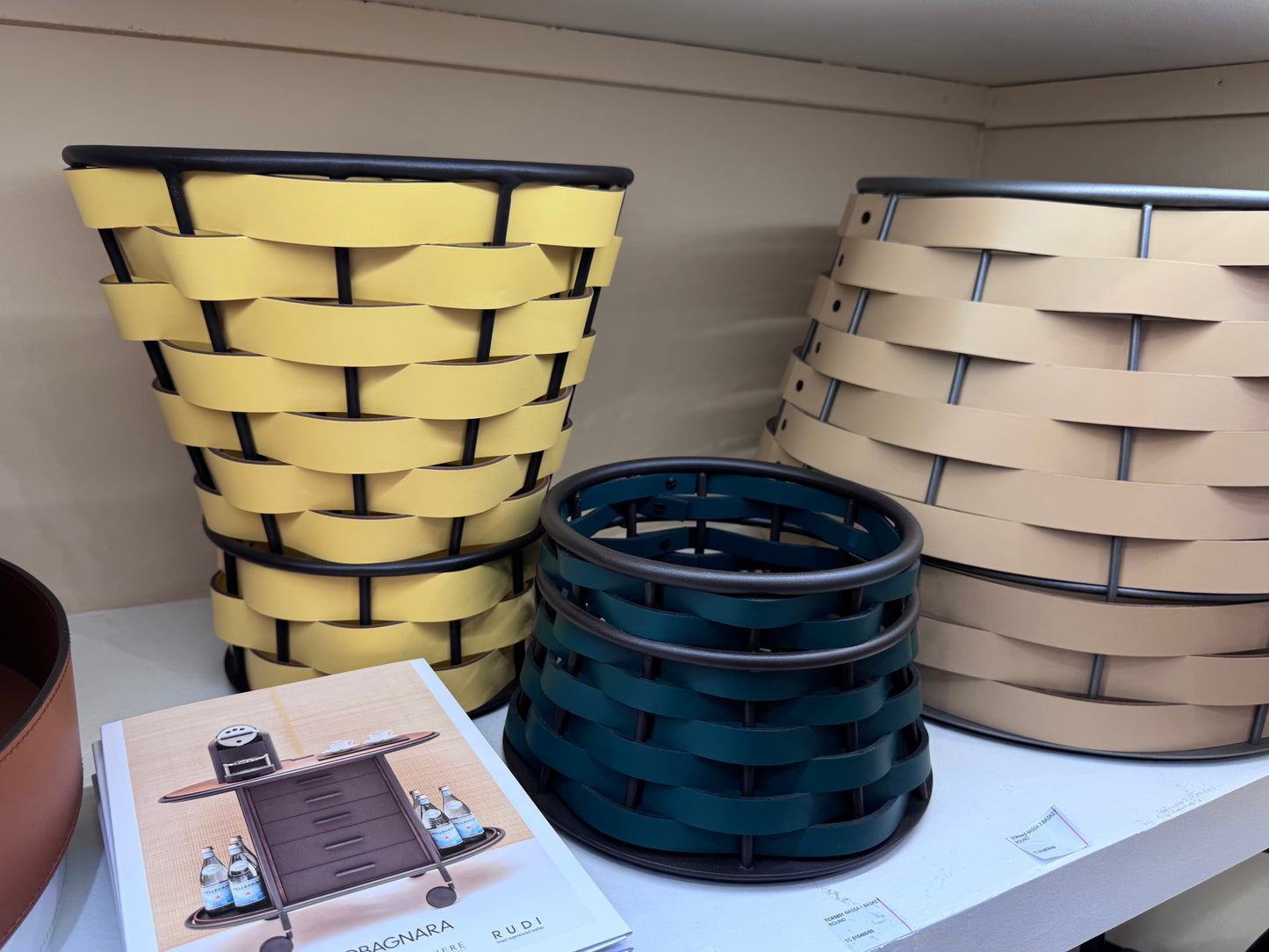Nassa Storage Basket: Dark-Stained Aluminum Framework, Regenerated Leather Weaving, Tapered Round