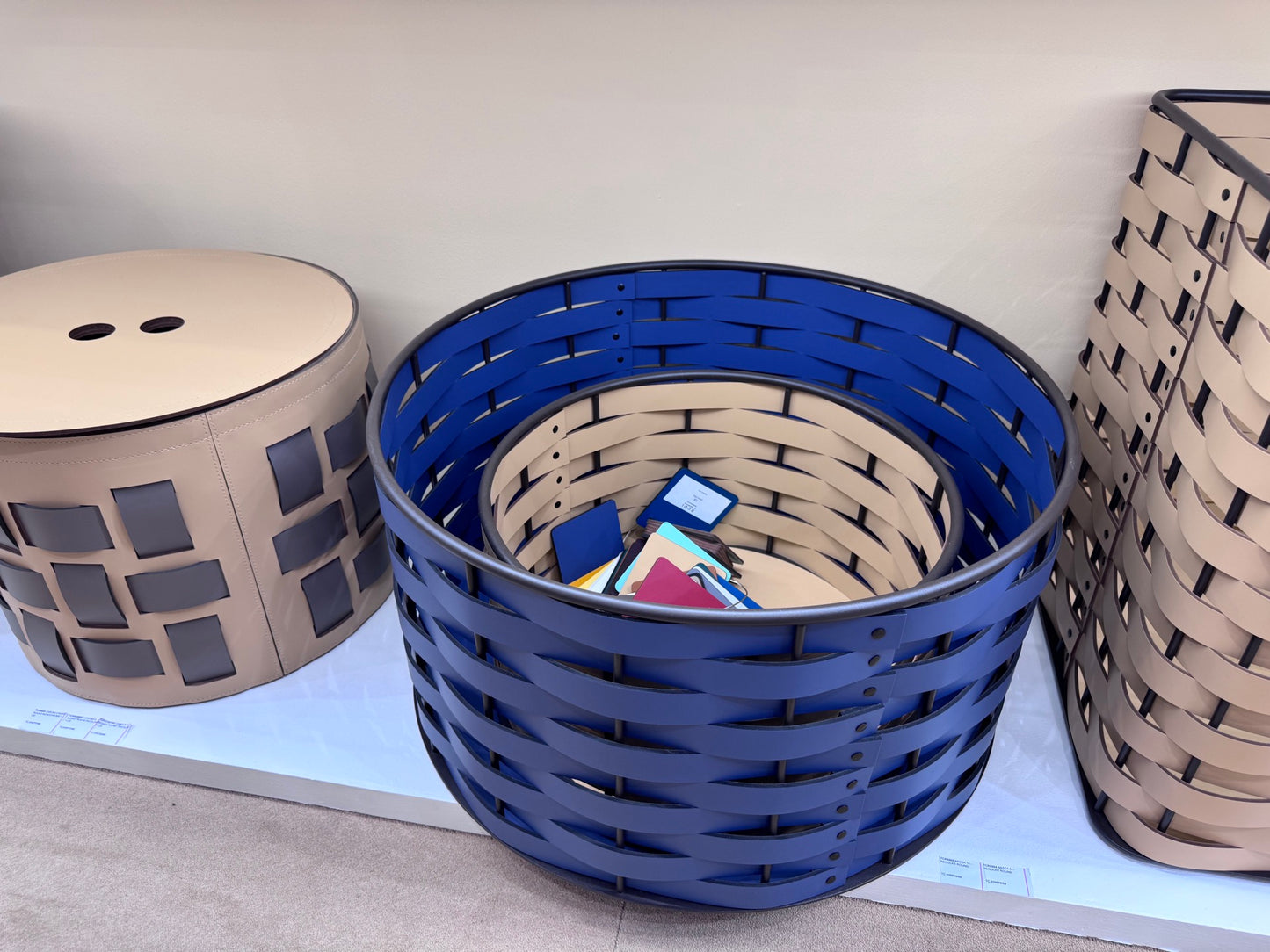 Nassa Storage Basket: Dark-Stained Aluminum Framework, Regenerated Leather Weaving, Round
