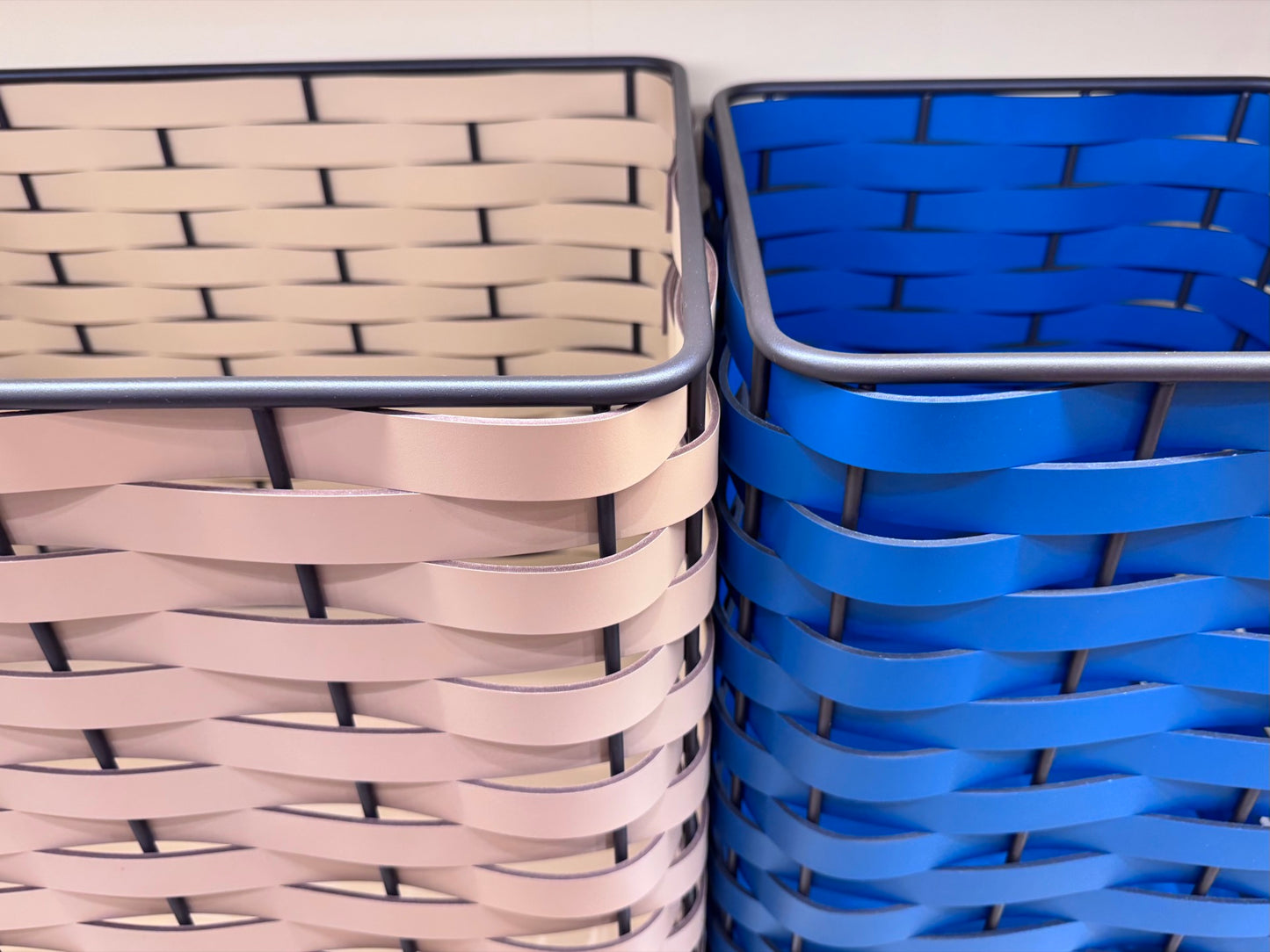 Nassa Storage Basket: Dark-Stained Aluminum Framework, Regenerated Leather Weaving, Round