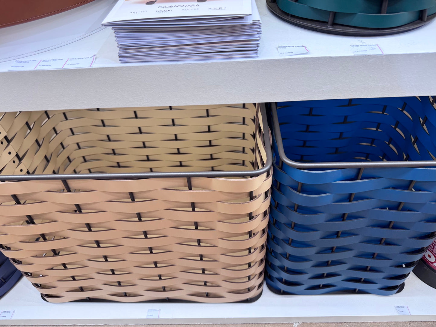 Nassa Storage Basket: Dark-Stained Aluminum Framework, Regenerated Leather Weaving, Round