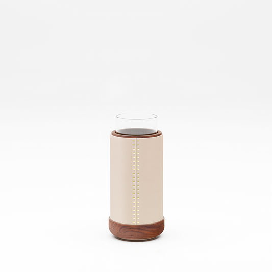 Giobagnara | Toiles de Noyer Vase: Leather-wrapped wooden vase with glass insert | Decor / Vases + Candle Holders | 2Jour Concierge, your luxury lifestyle shop | premium decorative objects for expensive interiors, shelves, consoles, and curated living spaces