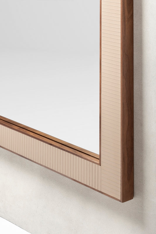 Rabitti 1969 | Toiles de Noyer Mirror N°1: Walnut wood frame with saddle leather inserts and golden tacks — square and rectangular | Furniture | 2Jour Concierge, your luxury lifestyle shop | luxury wall mirror, Rabitti 1969 Toiles de Noyer, walnut leather mirror, designer mirror, golden tacks mirror