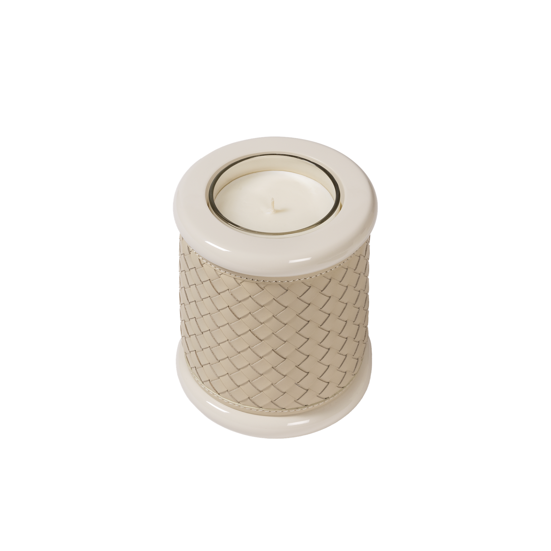 Riviere Maia | Candle Holder: Handwoven leather with lacquered wood and lacquer rings, available in multiple sizes, refined craftsmanship for display or use | Decor / Vases & Candle Holders | 2Jour Concierge, your luxury lifestyle shop | luxury interiors, hospitality décor, elegant living, designer home accessories, boutique hotels, refined lifestyle, yacht décor