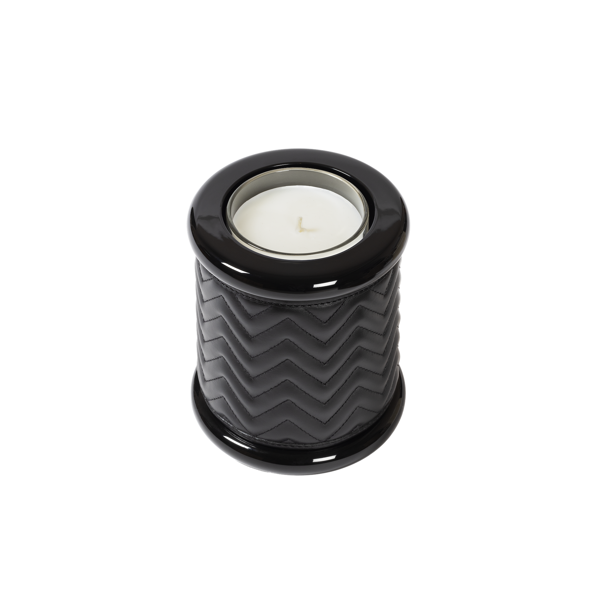 Riviere Maia | Candle Holder: Herringbone padded leather with lacquered wood and lacquer rings, available in three sizes, designed to add texture and refinement | Decor / Vases & Candle Holders | 2Jour Concierge, your luxury lifestyle shop | luxury interiors, hospitality décor, elegant living, designer home accessories, boutique hotels, refined lifestyle, yacht décor