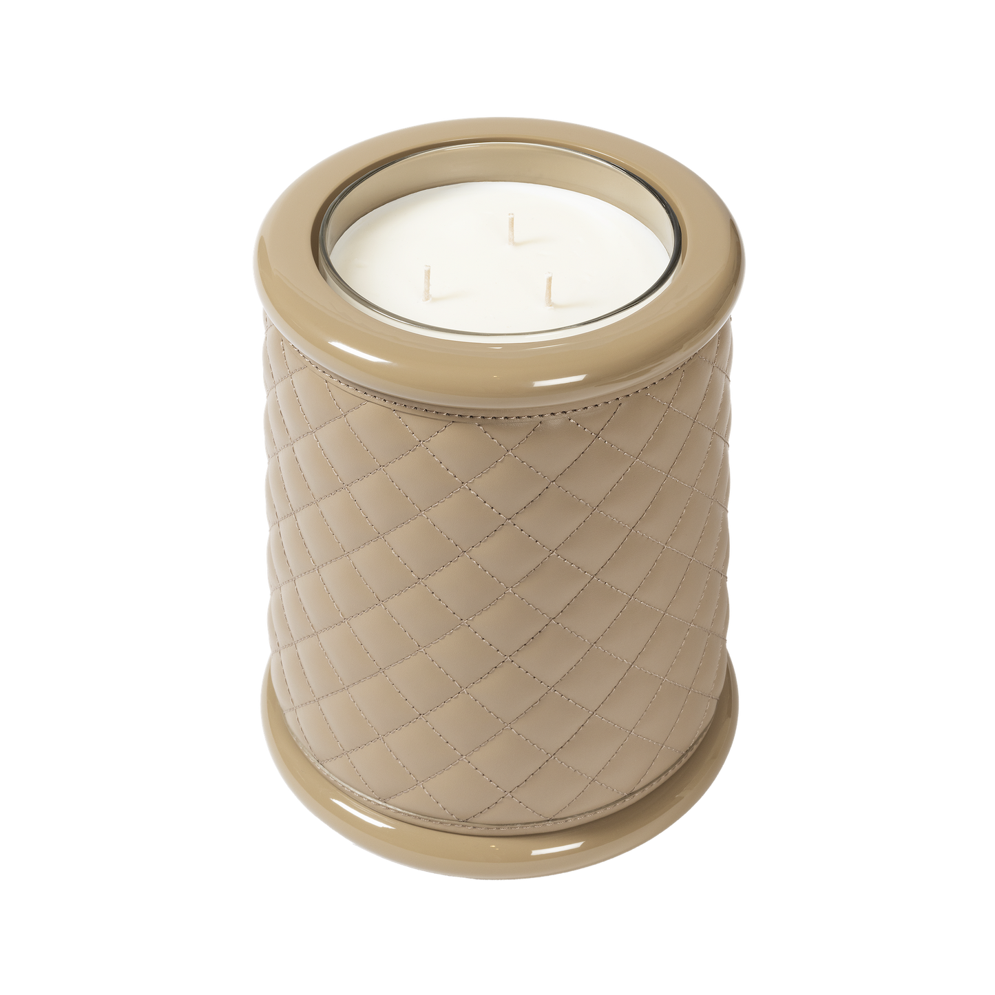 Riviere Maia | Candle Holder: Diamond-pattern padded leather with lacquered wood base and lacquer rings, available in three sizes, suitable for refined interior accents | Decor / Vases & Candle Holders | 2Jour Concierge, your luxury lifestyle shop | luxury interiors, hospitality décor, elegant living, designer home accessories, boutique hotels, refined lifestyle, yacht décor