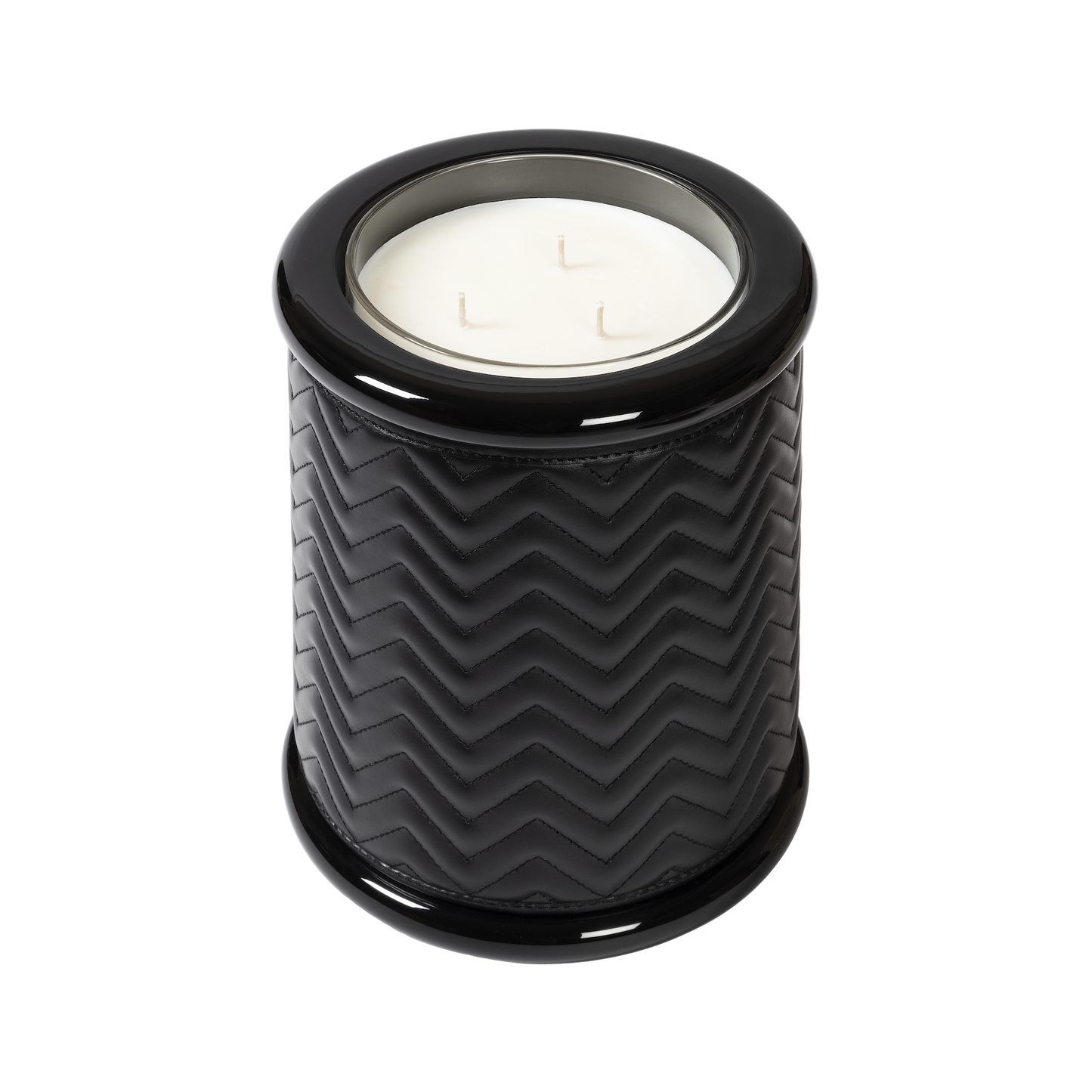 Riviere Maia | Candle Holder: Herringbone padded leather with lacquered wood and lacquer rings, available in three sizes, designed to add texture and refinement | Decor / Vases & Candle Holders | 2Jour Concierge, your luxury lifestyle shop | luxury interiors, hospitality décor, elegant living, designer home accessories, boutique hotels, refined lifestyle, yacht décor