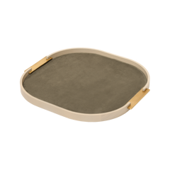 Dama Wood Tray, Rounded L with Leather Lining & Metal Handles
