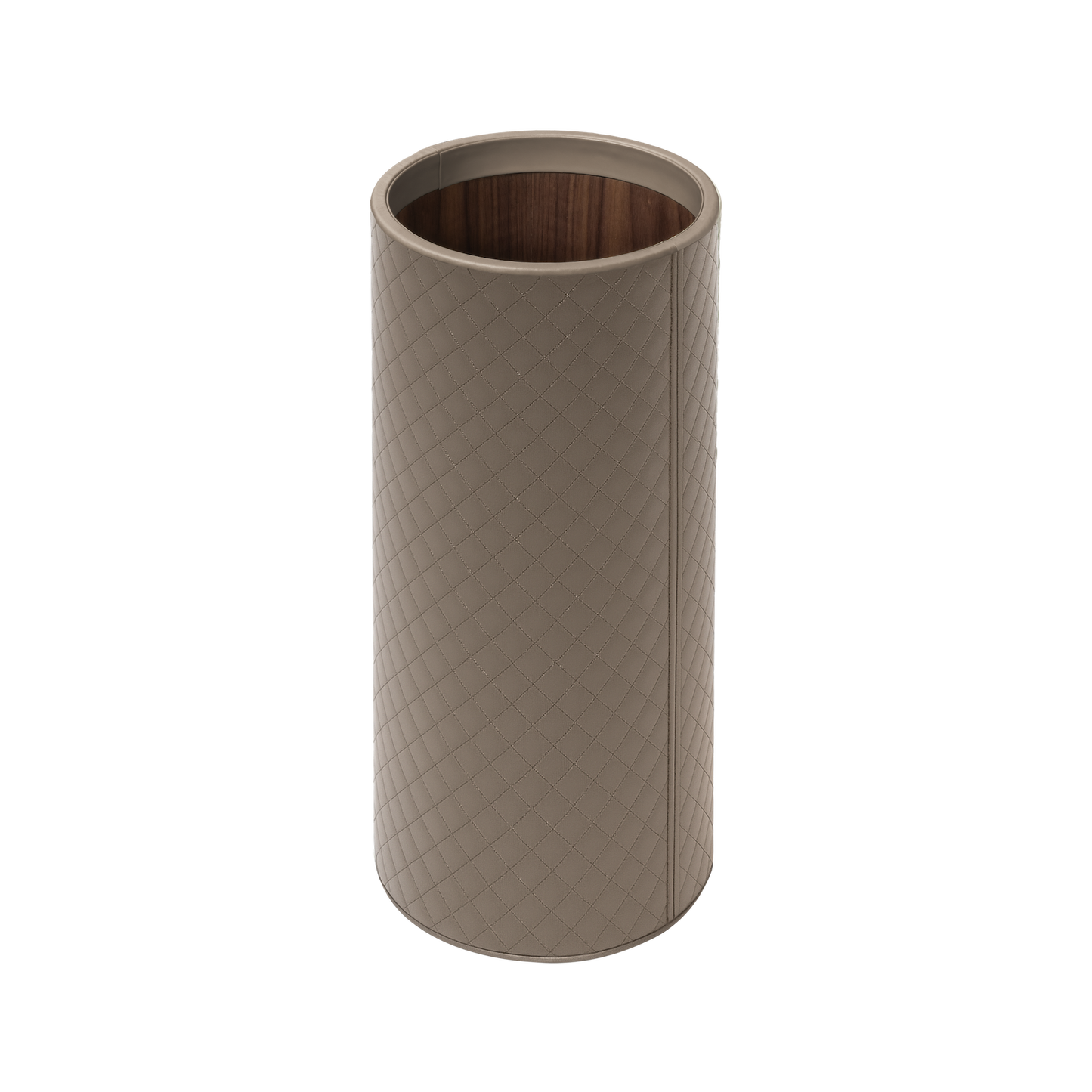 Riviere Ivo | Round Bin: Leather with varnished wood lining, offered in handwoven, herringbone, diamond, or lines quilted patterns, in two height options, with matching lid and acrylic lining accessories | Office + Tech / Bins | 2Jour Concierge, your luxury lifestyle shop | luxury interiors, hospitality décor, elegant living, designer office accessories, boutique hotels, refined lifestyle, yacht décor, executive interiors