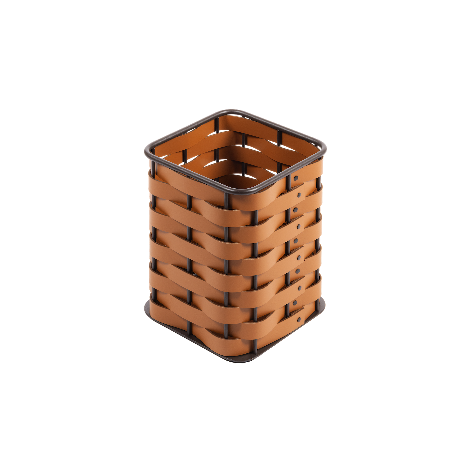 Rudi Nassa | Basket: Regenerated leather with woven structure, dark-stained aluminum frame, and smooth, matte finish, ideal for storing laundry, towels, or magazines, suitable for indoor or outdoor use | Storage / Storage Baskets & Boxes | 2Jour Concierge, your luxury lifestyle shop