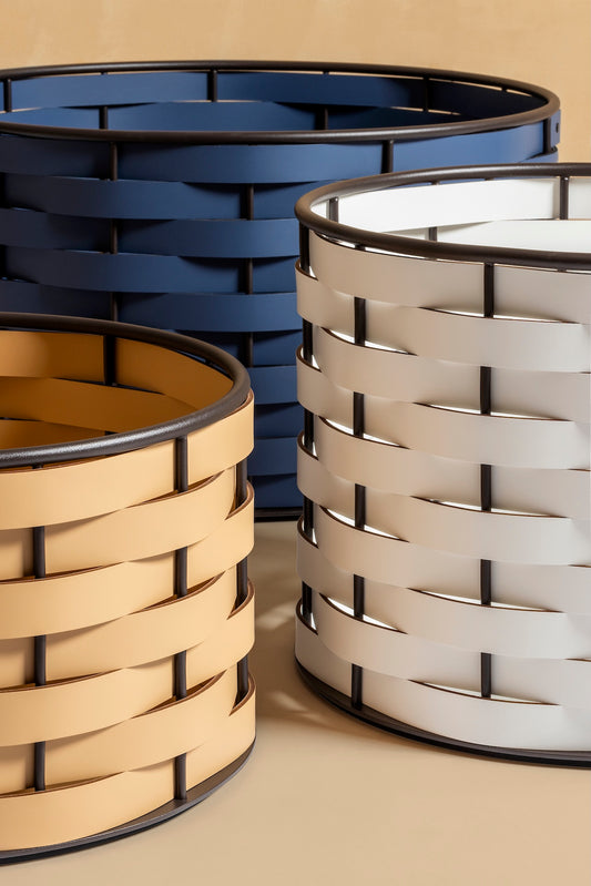 Nassa Storage Basket: Dark-Stained Aluminum Framework, Regenerated Leather Weaving, Round Low