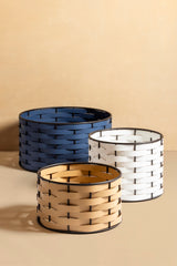 Nassa Storage Basket: Dark-Stained Aluminum Framework, Regenerated Leather Weaving, Round Low