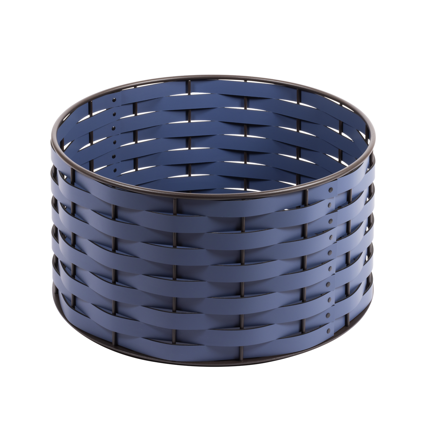 Nassa Storage Basket: Dark-Stained Aluminum Framework, Regenerated Leather Weaving, Round Low