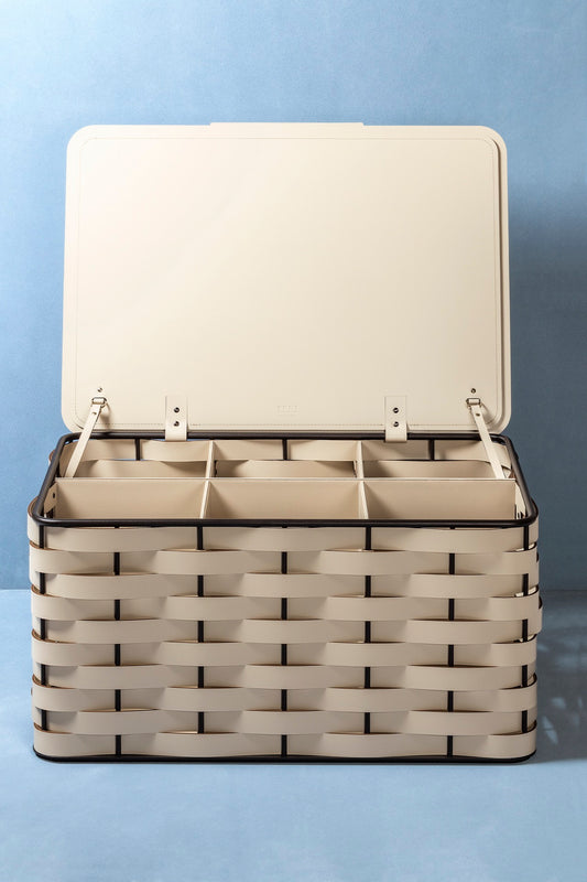 Rudi Nassa | Shoe Trunk: Regenerated leather woven over aluminium frame with hinged lid and rectangular format, designed for structured footwear storage in refined interiors | Storage / Storage Baskets & Boxes | 2Jour Concierge, your luxury lifestyle shop