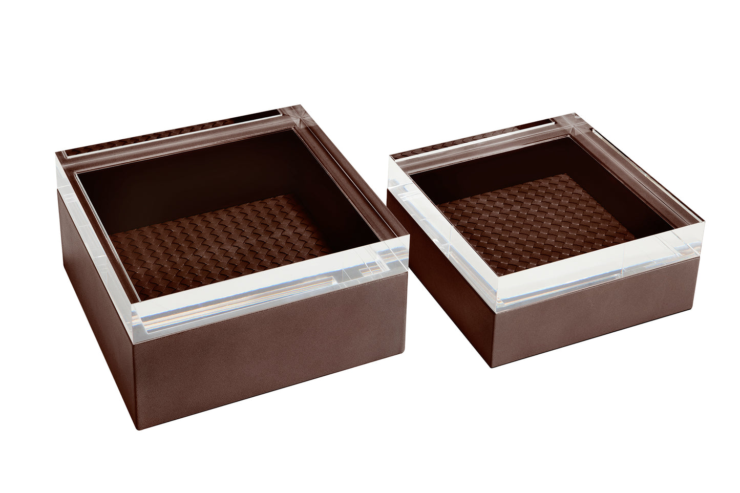 Febe Handwoven Box Square by Riviere | Leather box with acrylic lid and padded handwoven lining. | Home Decor and Storage | 2Jour Concierge, your luxury lifestyle shop